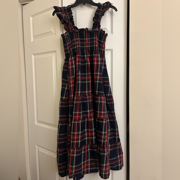 BNC Hill House The Ellie Nap Dress in Navy Tartan Plaid Midi Ruffle Dress - Picture 6 of 10